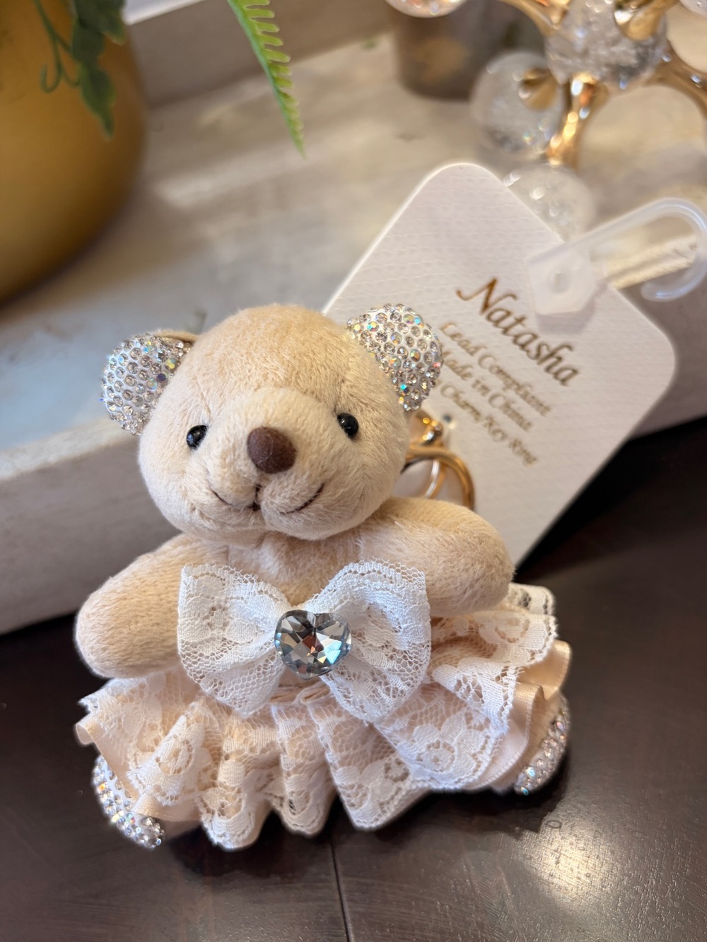 Natasha Couture Cream Teddy Keychain with Crystal Accents